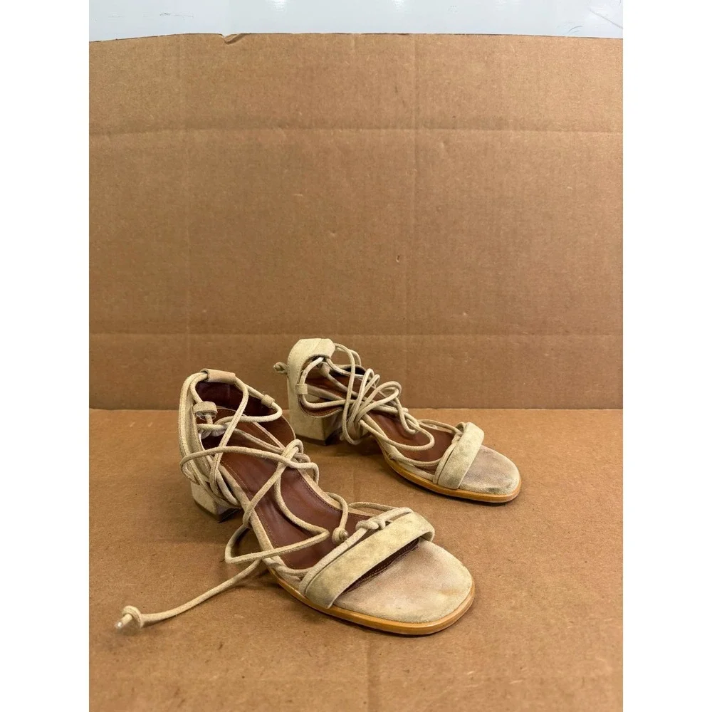 Alohas Sophie Suede Leather Block Heel Strappy Sandals Beige Womens Size 36 EU